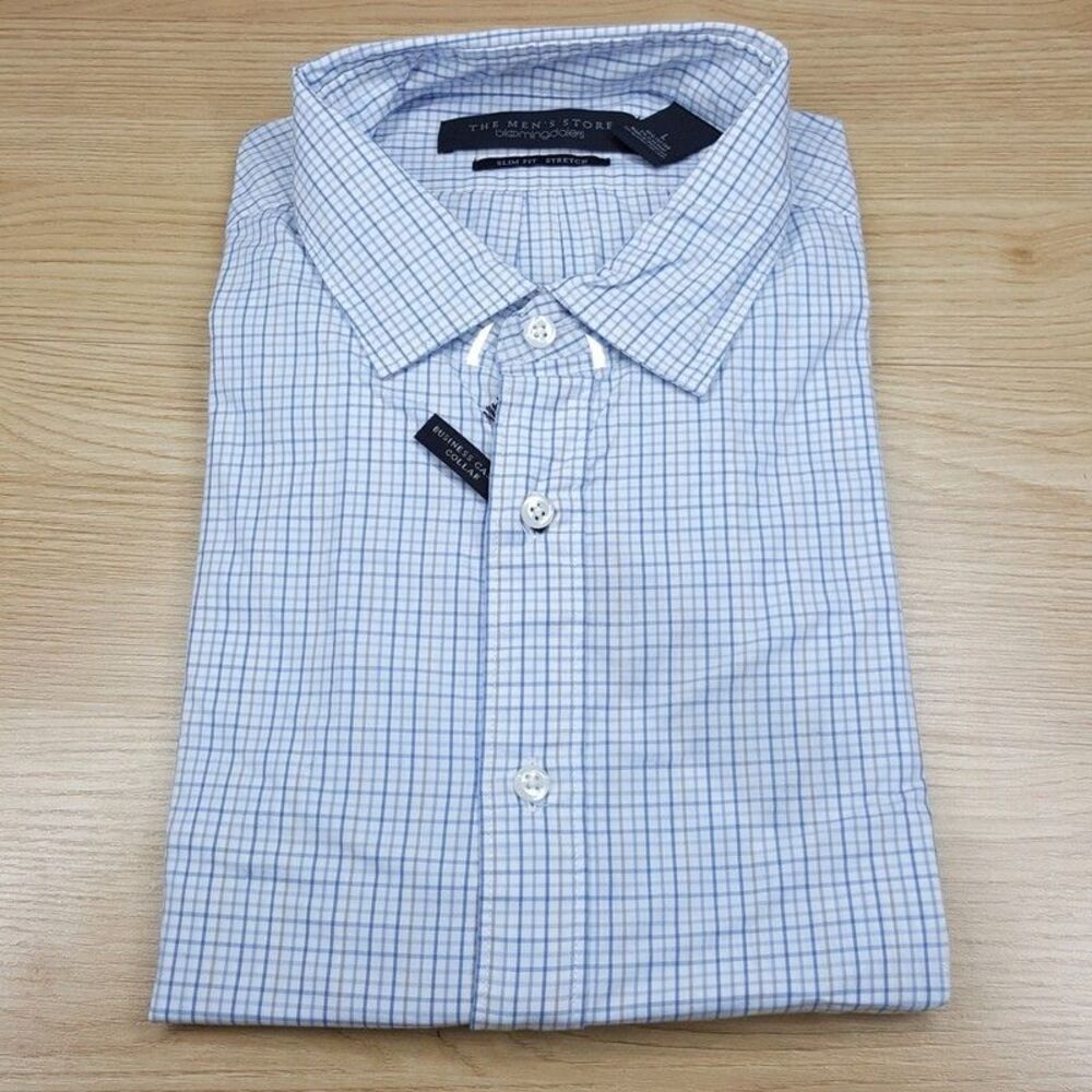 BLOOMINGDALES Shirt Mens Large Blue Tan Grid Check Slim Fit Stretch Workwear